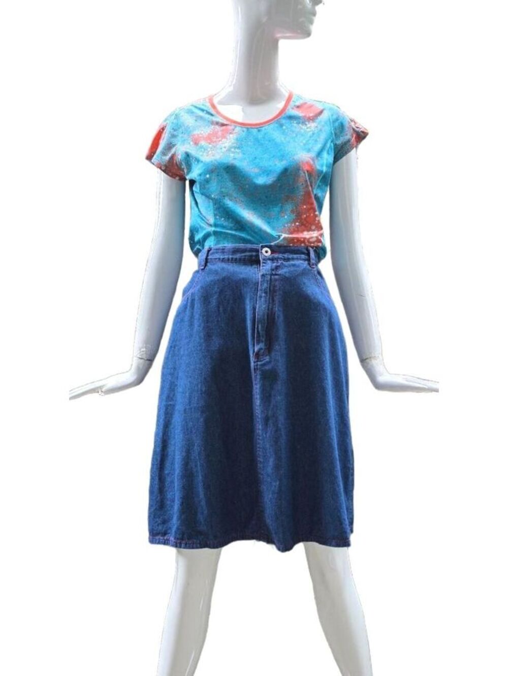 VTG American Eagle Denim Midi Skirt Red Contrast Stitch Size 16 l 19 x22